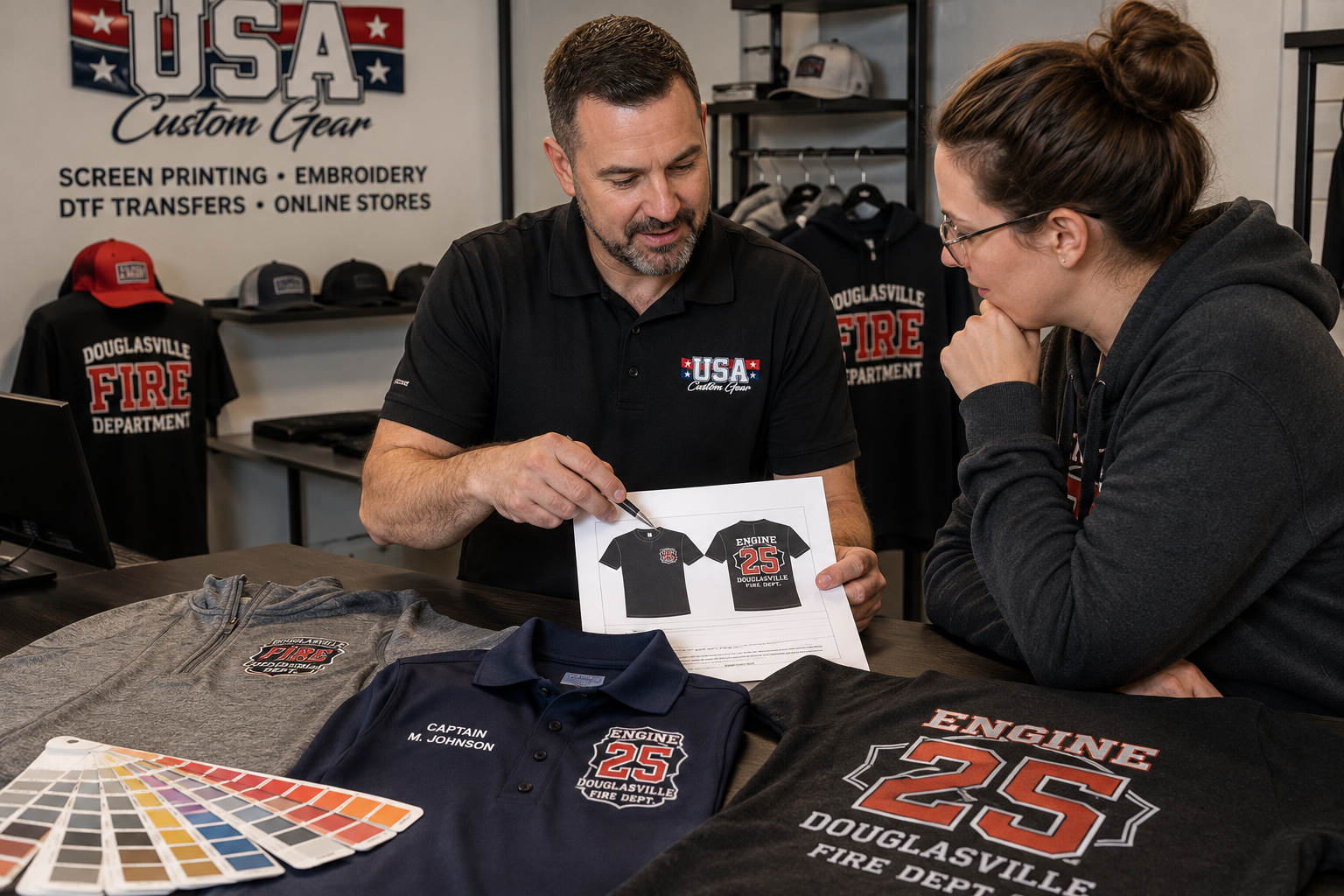 USA Custom Gear team reviewing a custom apparel order