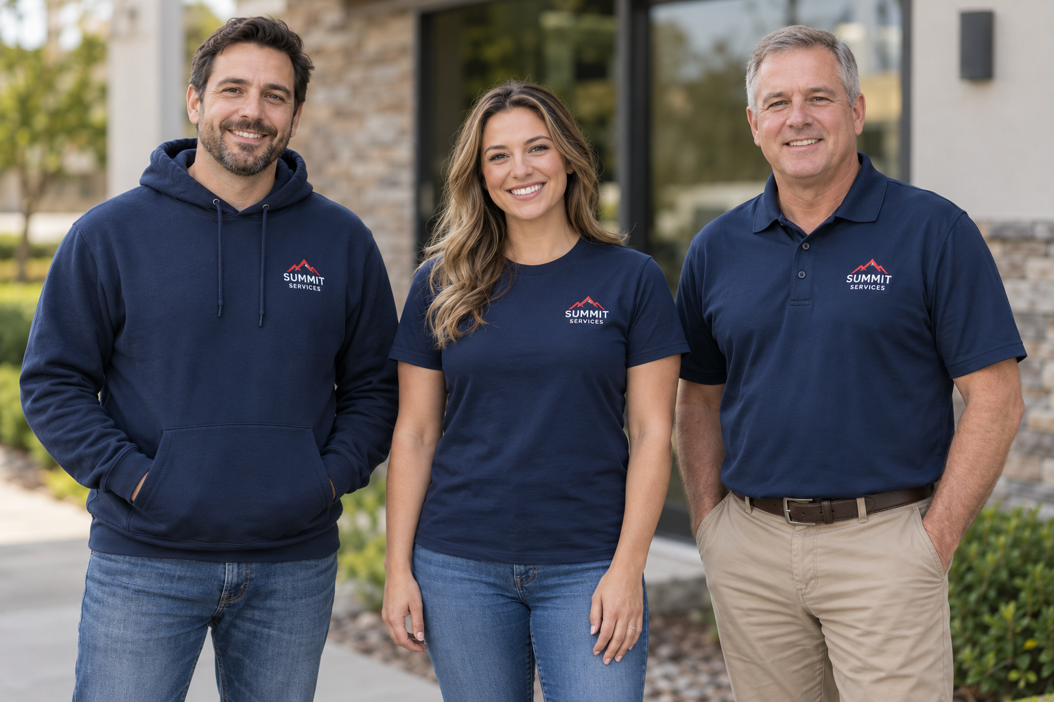Illustrative team wearing navy hoodies, t-shirts, and polos with matching company logos